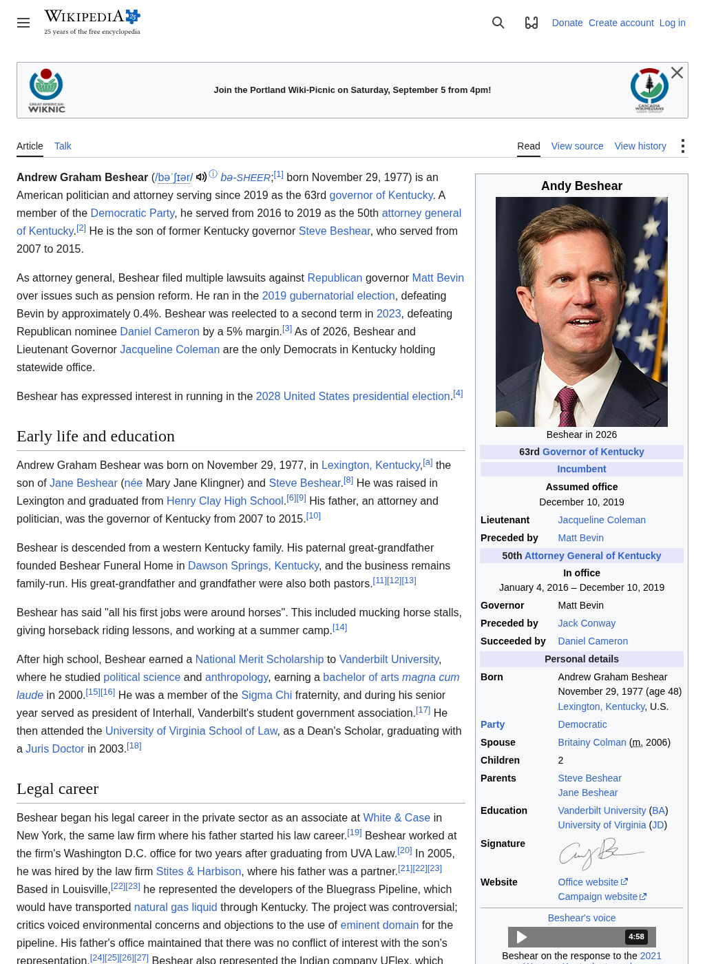 Wikipedia snapshot of Andy Beshear