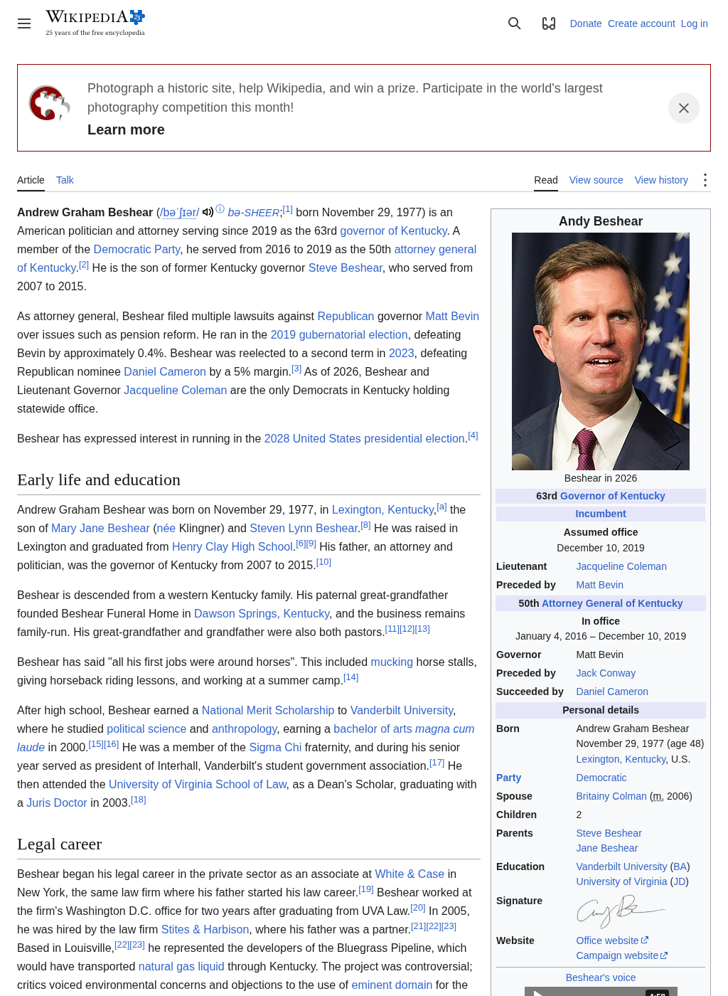 Wikipedia snapshot of Andy Beshear