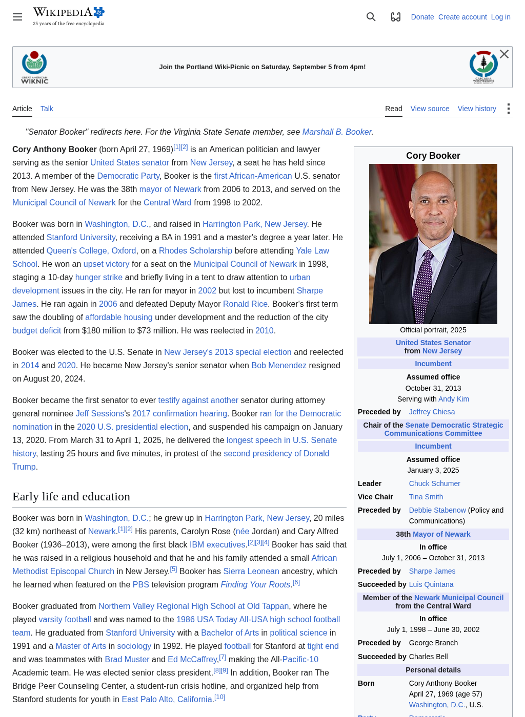 Wikipedia snapshot of Cory Booker