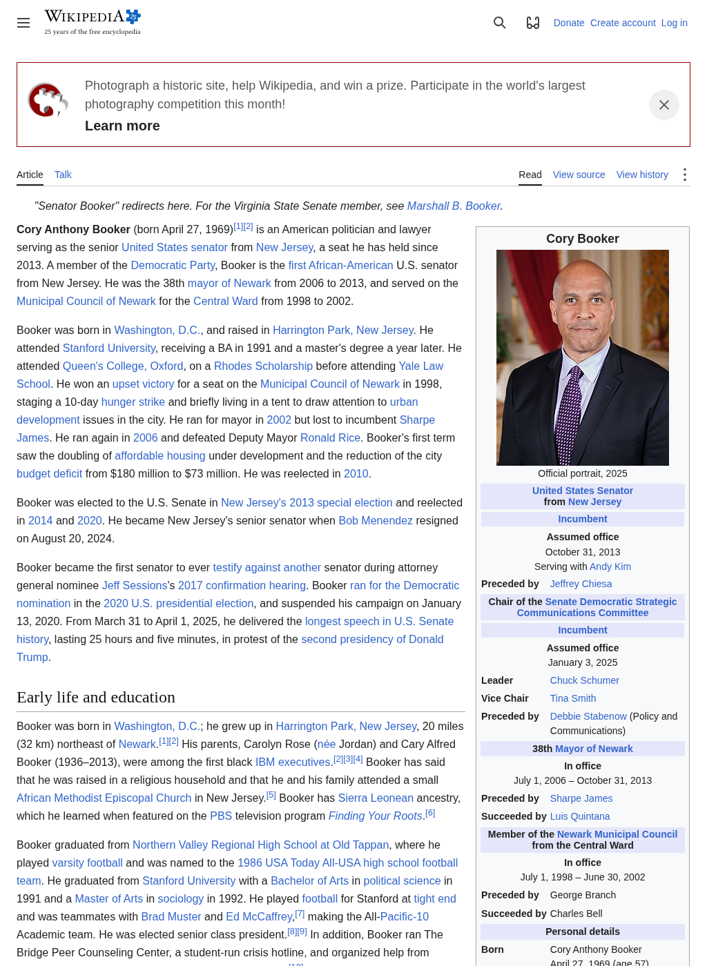 Wikipedia snapshot of Cory Booker