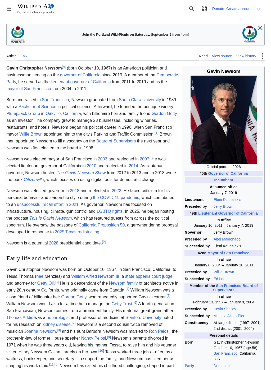 Wikipedia snapshot of Gavin Newsom