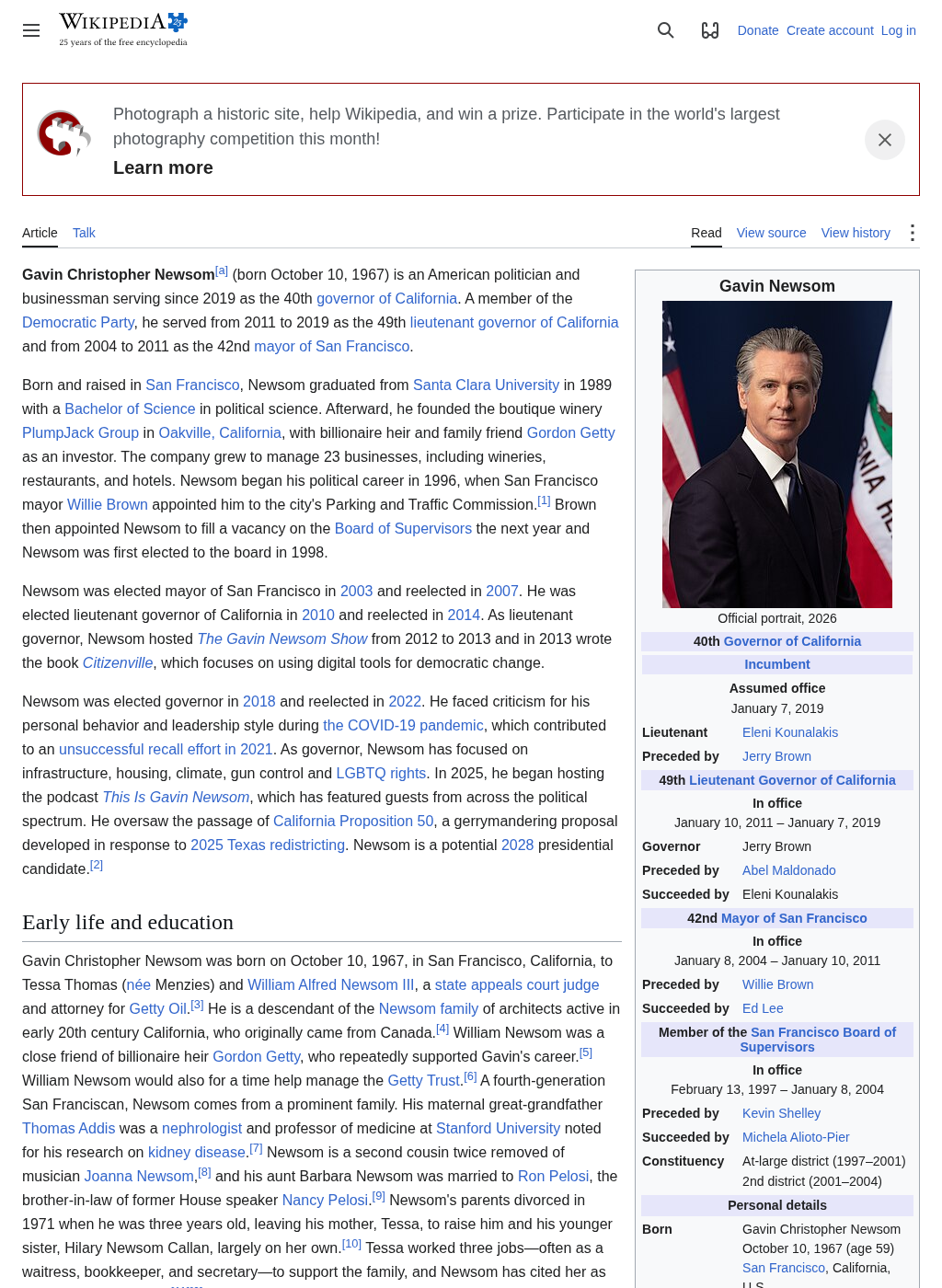 Wikipedia snapshot of Gavin Newsom