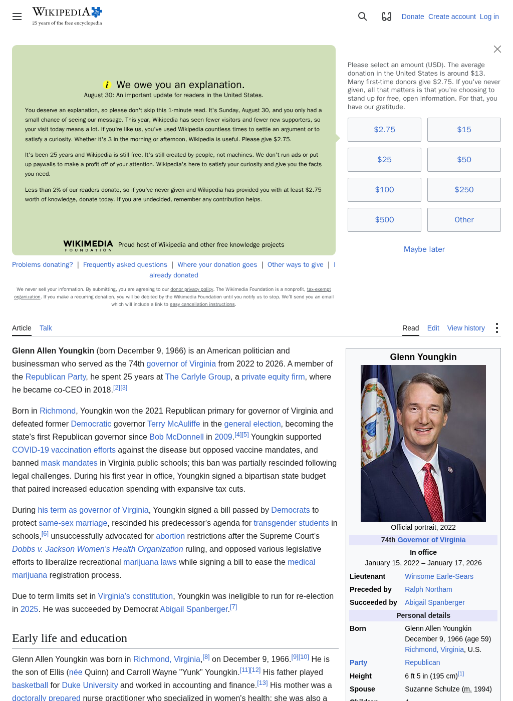 Wikipedia snapshot of Glenn Youngkin