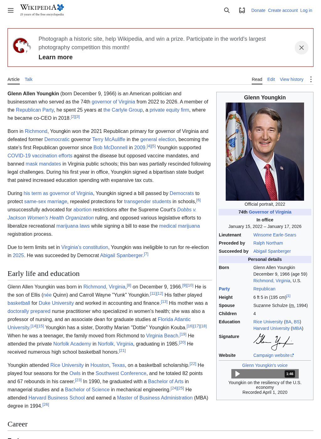Wikipedia snapshot of Glenn Youngkin