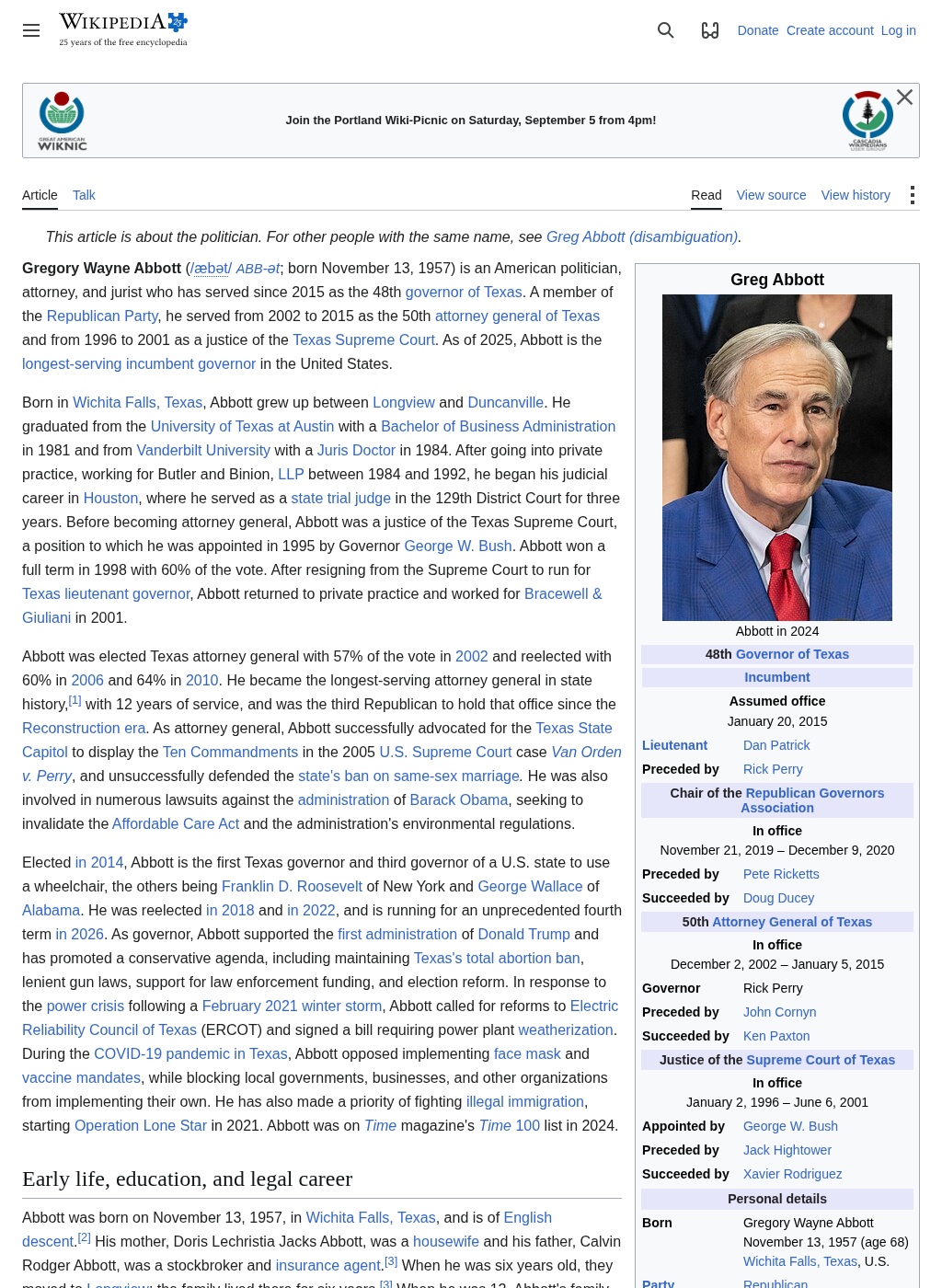 Wikipedia snapshot of Greg Abbott