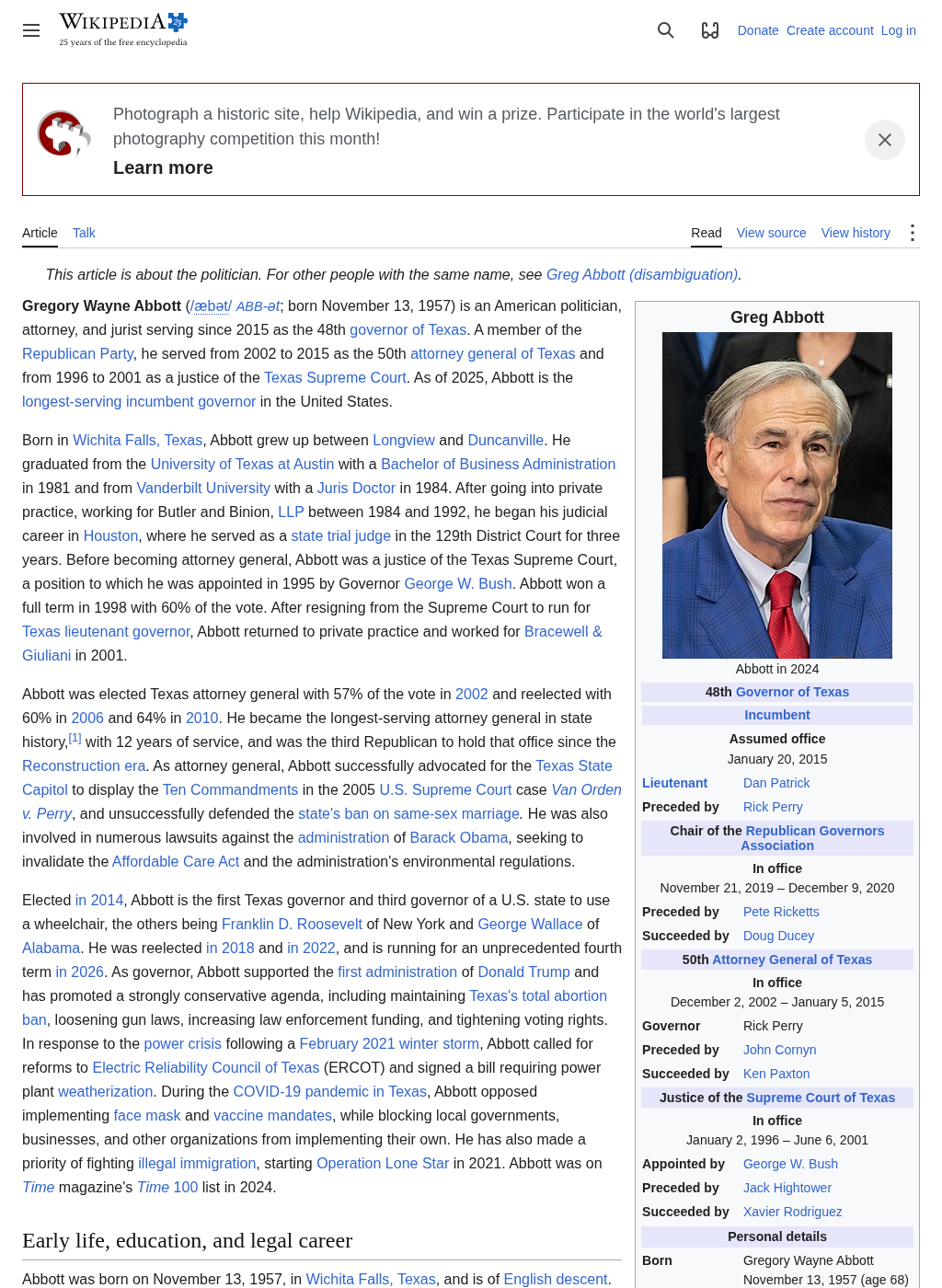 Wikipedia snapshot of Greg Abbott