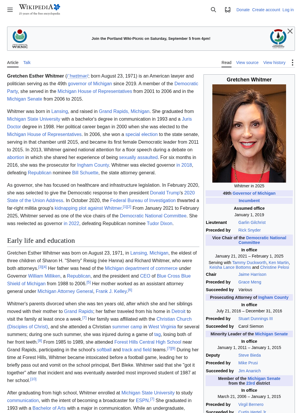 Wikipedia snapshot of Gretchen Whitmer
