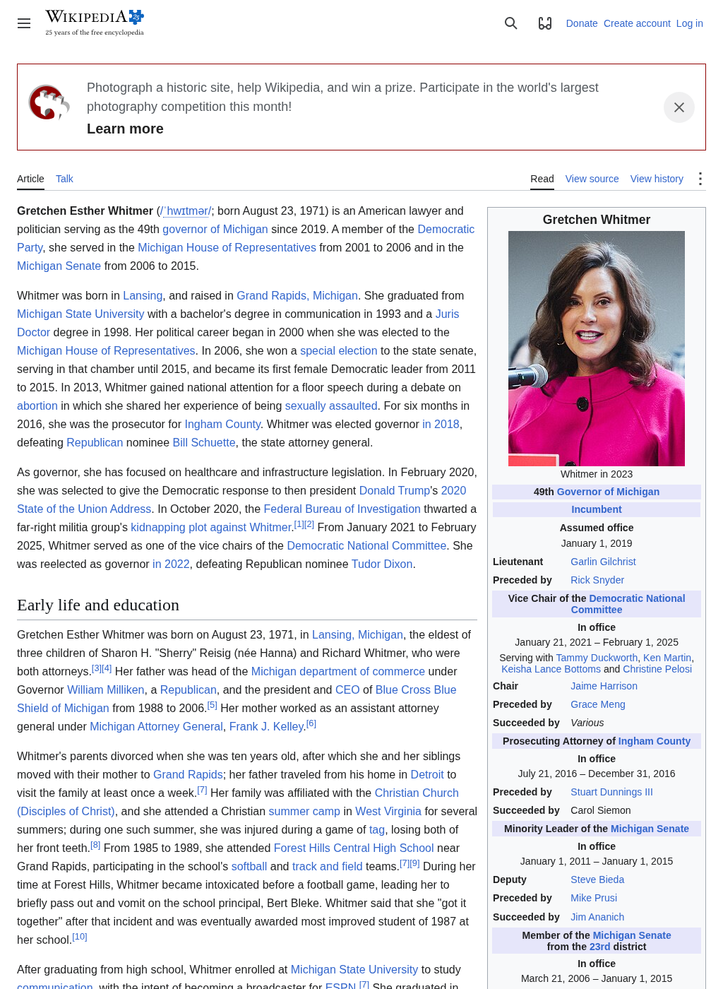 Wikipedia snapshot of Gretchen Whitmer