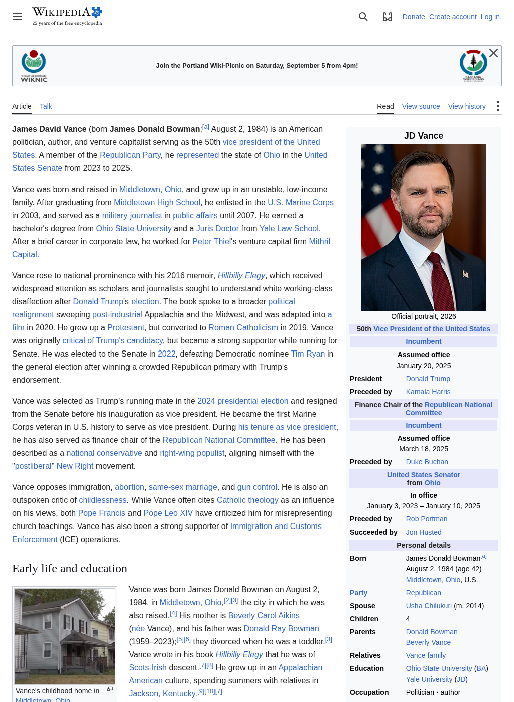 Wikipedia snapshot of JD Vance