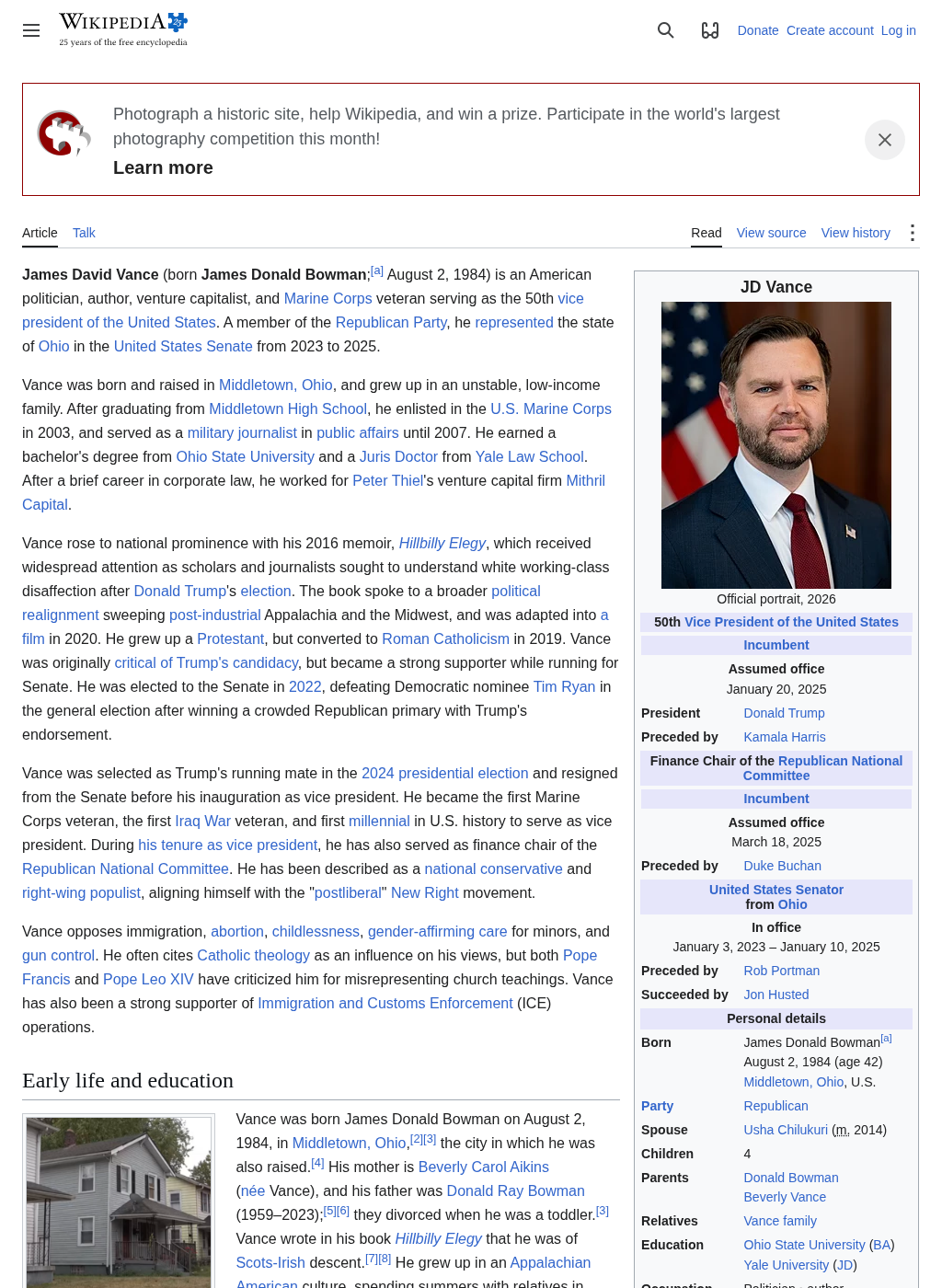 Wikipedia snapshot of JD Vance