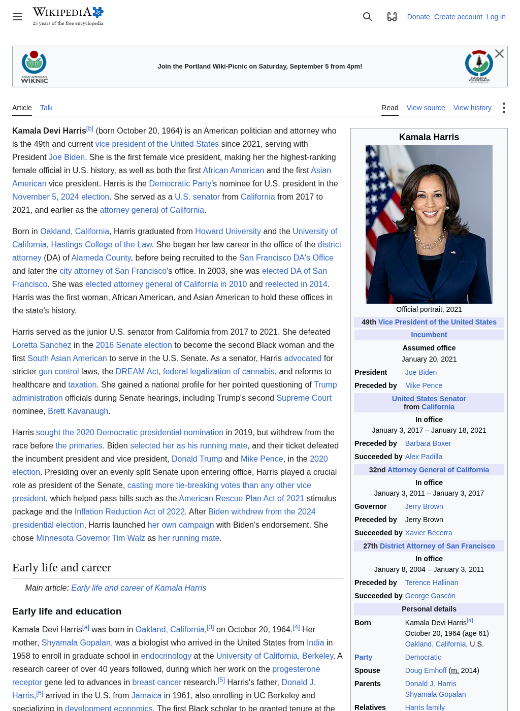 Wikipedia snapshot of Kamala Harris