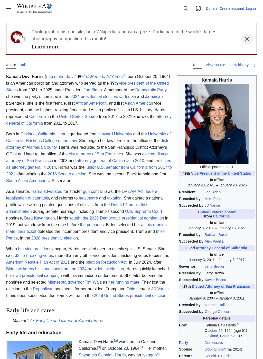 Wikipedia snapshot of Kamala Harris