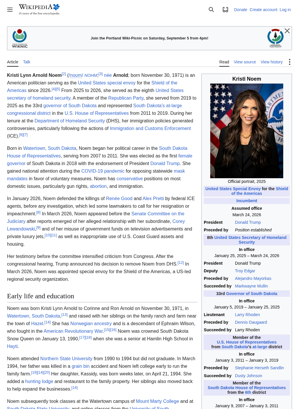 Wikipedia snapshot of Kristi Noem