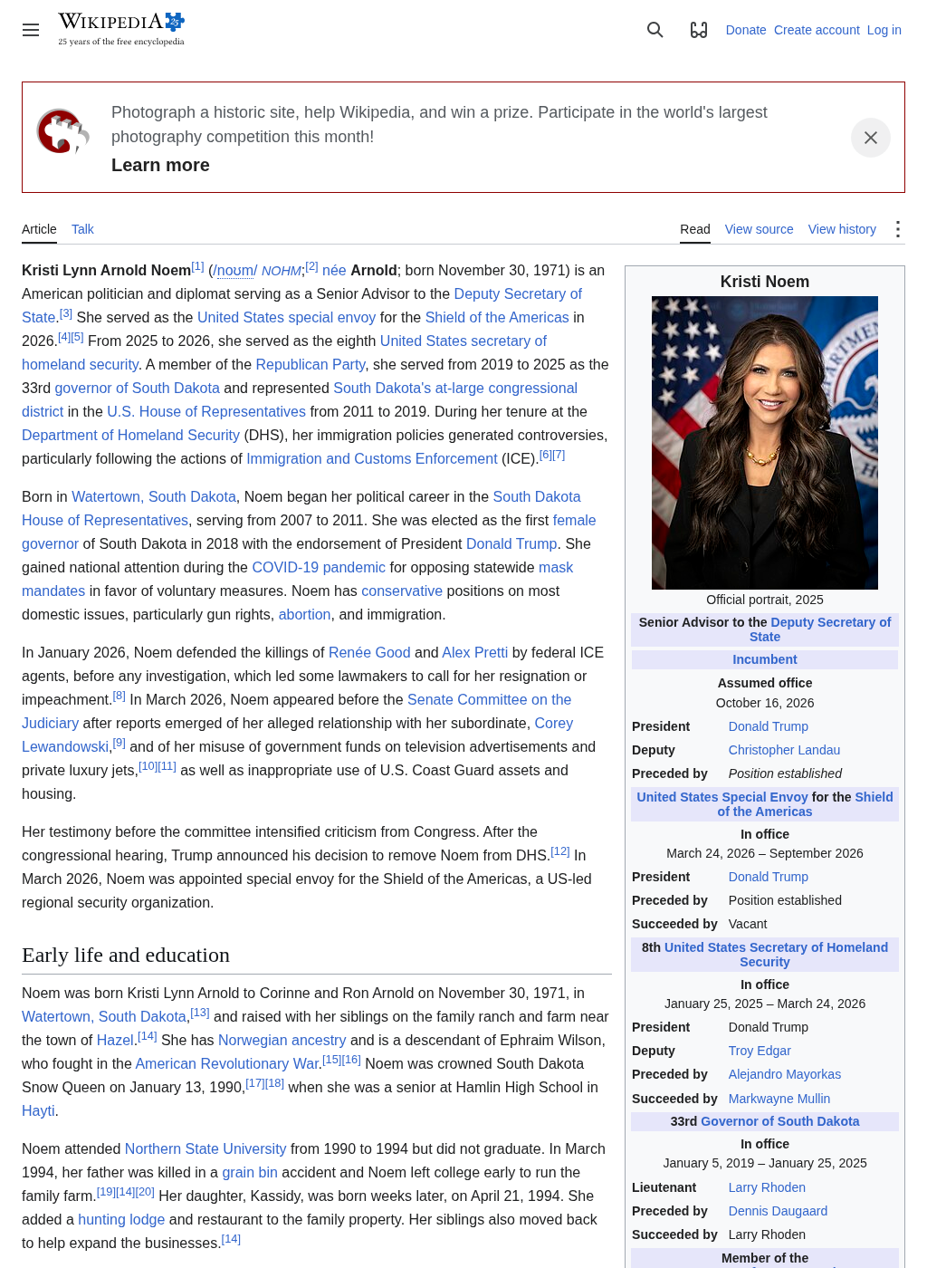 Wikipedia snapshot of Kristi Noem