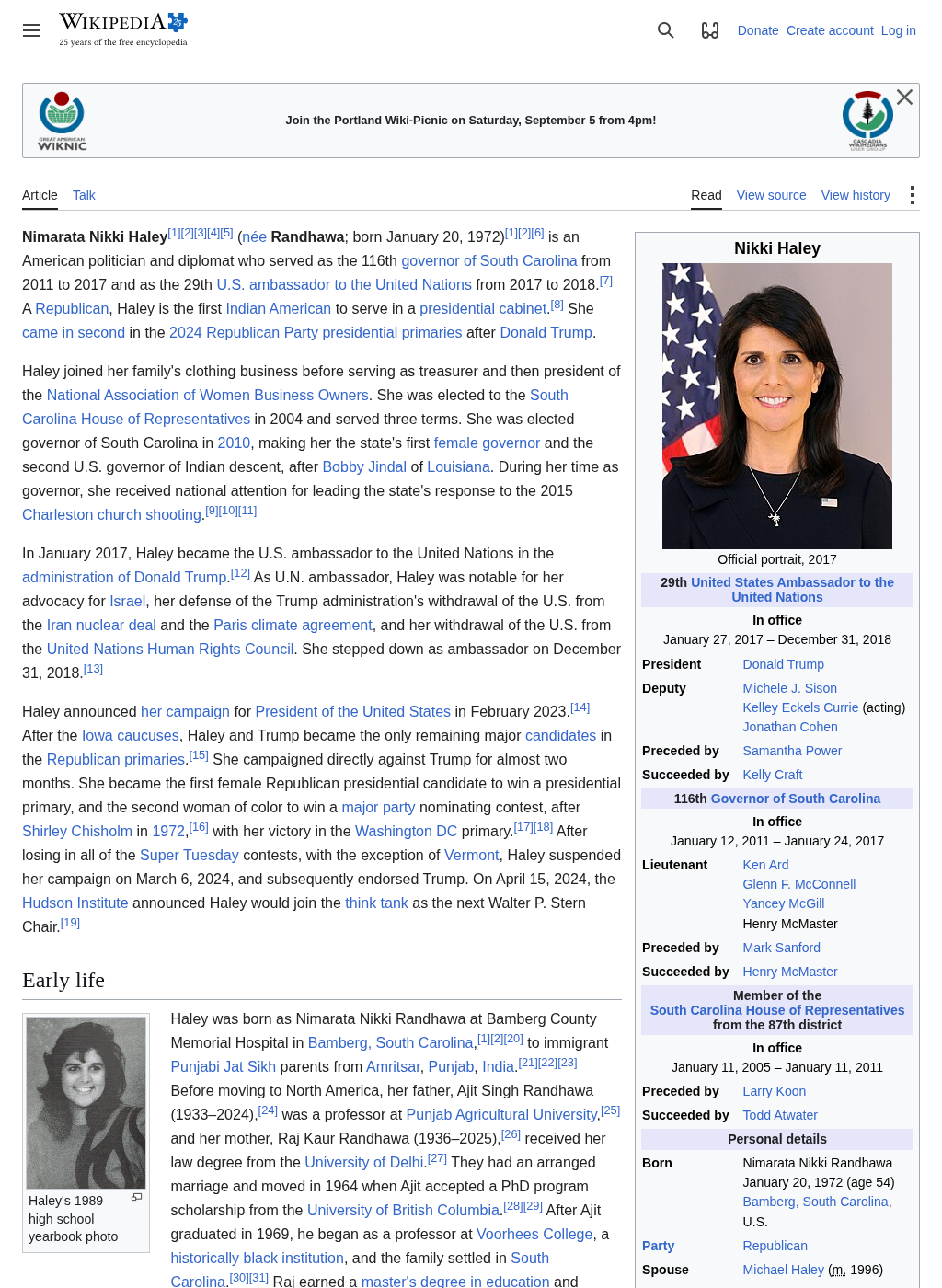 Wikipedia snapshot of Nikki Haley