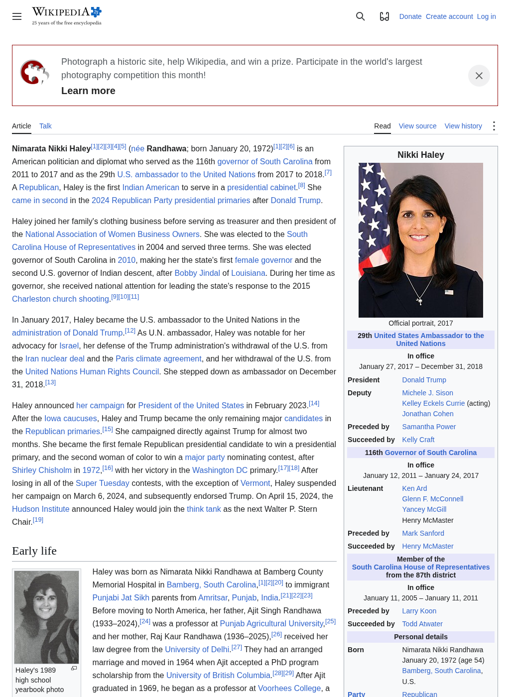 Wikipedia snapshot of Nikki Haley