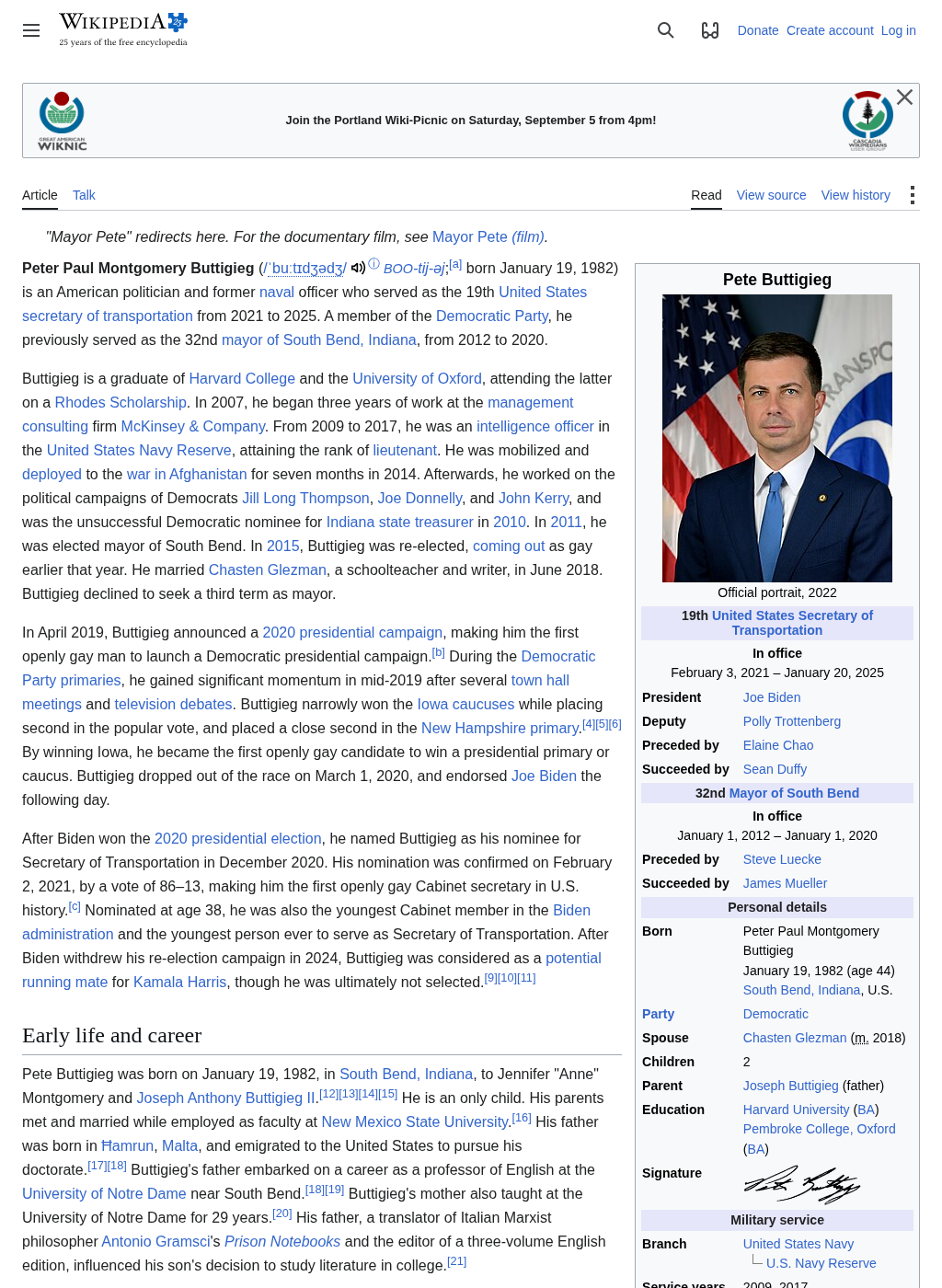 Wikipedia snapshot of Pete Buttigieg