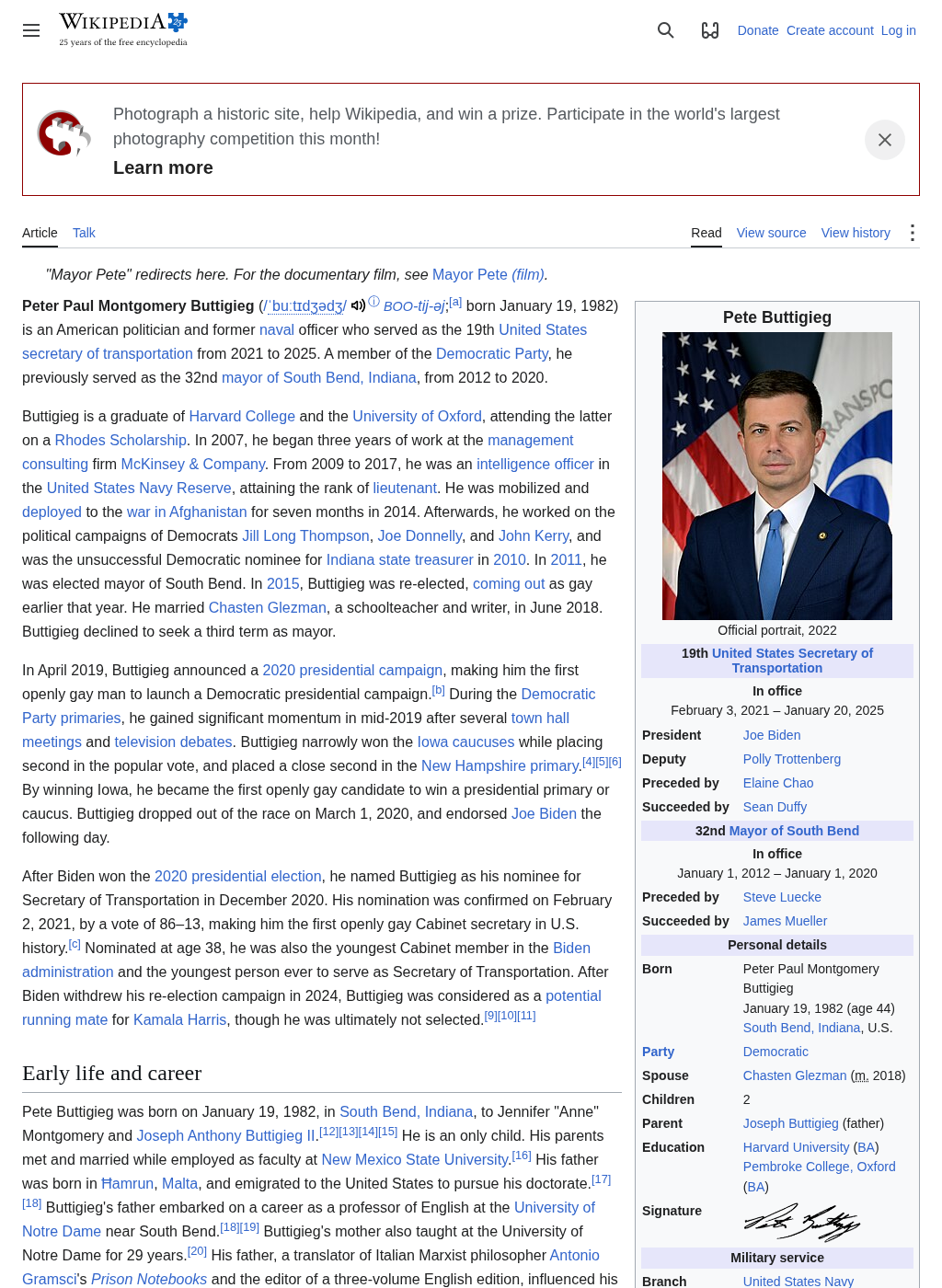 Wikipedia snapshot of Pete Buttigieg