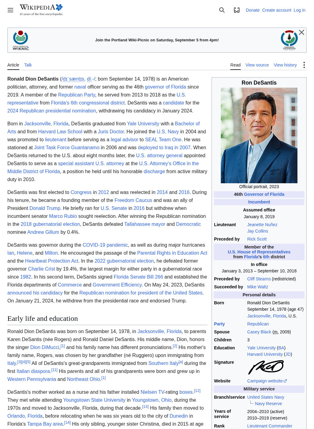 Wikipedia snapshot of Ron DeSantis