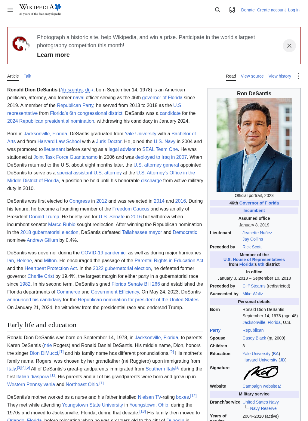 Wikipedia snapshot of Ron DeSantis