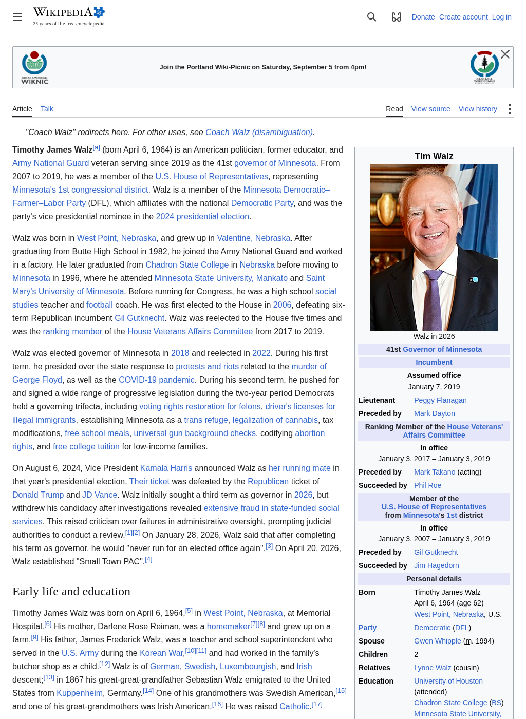 Wikipedia snapshot of Tim Walz