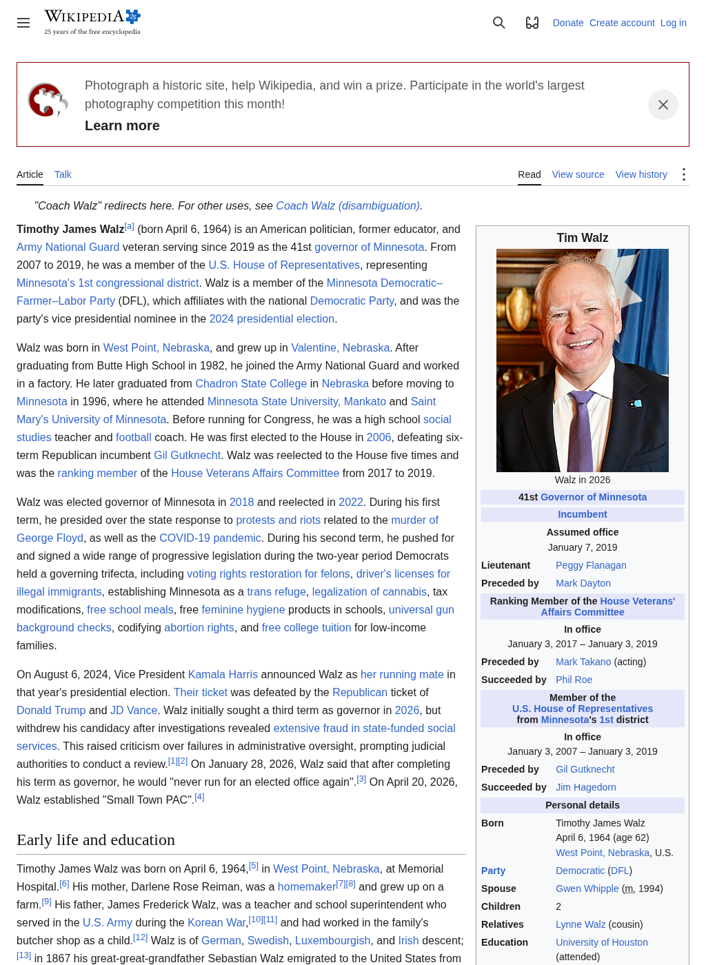 Wikipedia snapshot of Tim Walz