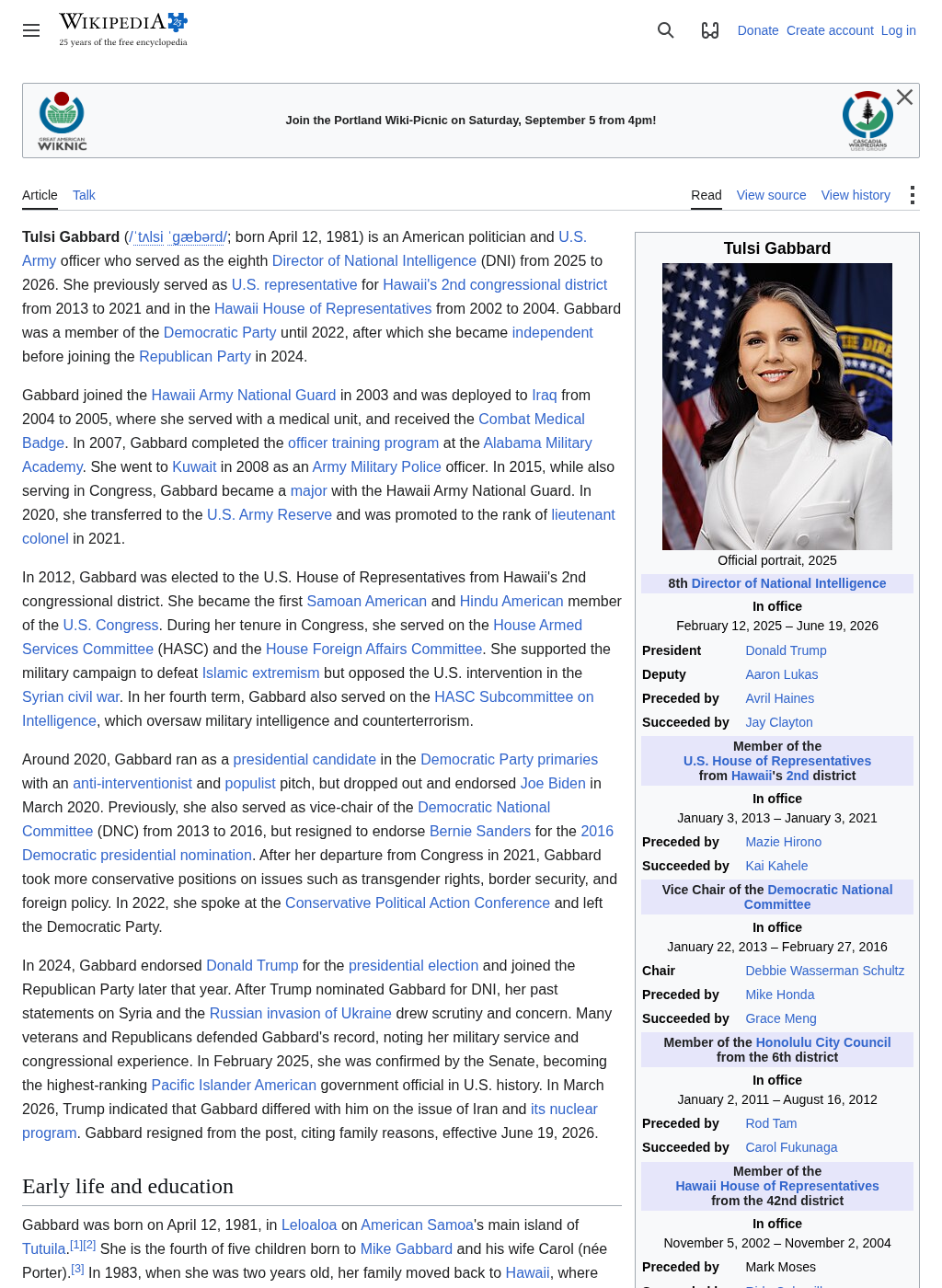 Wikipedia snapshot of Tulsi Gabbard