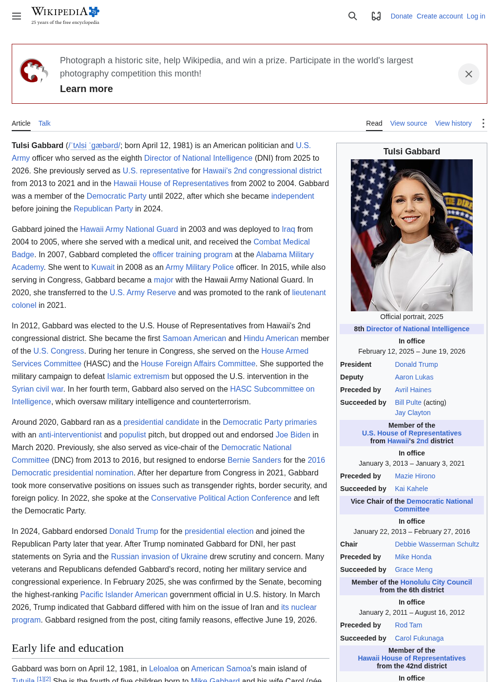 Wikipedia snapshot of Tulsi Gabbard