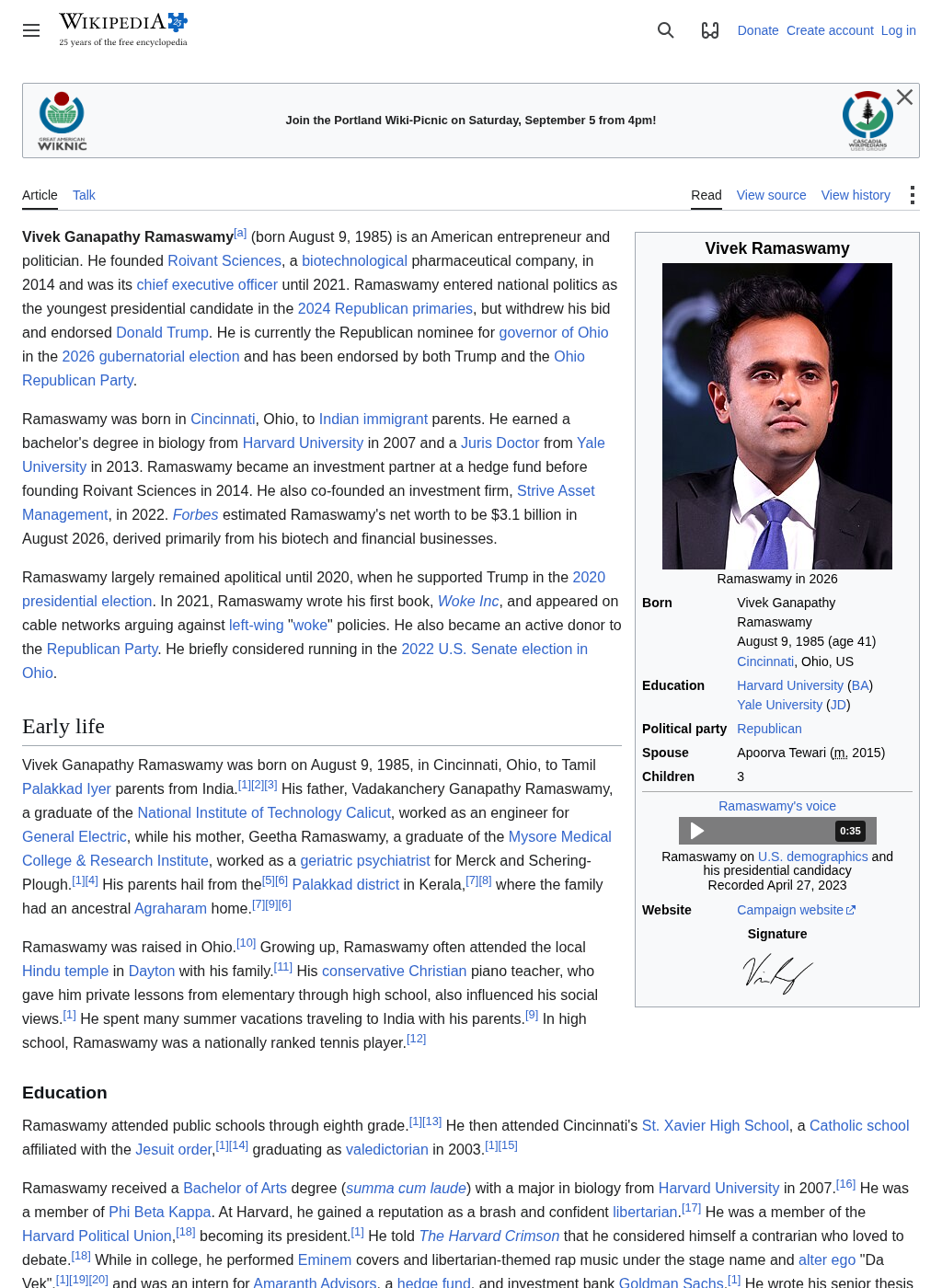 Wikipedia snapshot of Vivek Ramaswamy