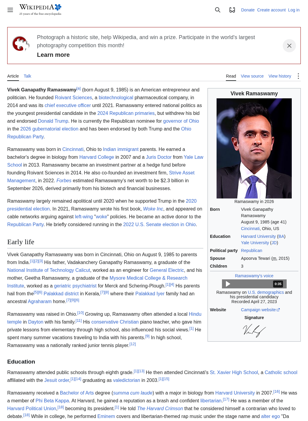 Wikipedia snapshot of Vivek Ramaswamy